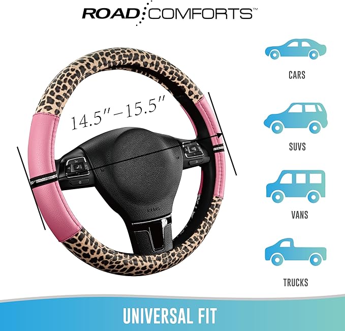 Road Comforts Leopard Steering Wheel Cover for Women, Cute Anti-Slip Microfiber Leather, Universal Fit 14.5-15 Inch Round Ste