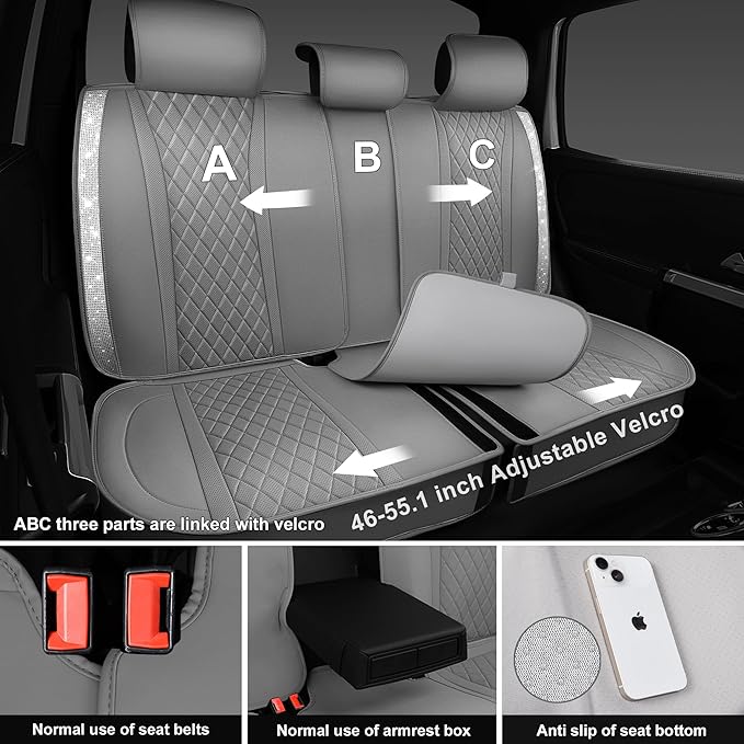 CAR PASS Gray Leather Bling Car Seat Covers Full Set, Luxury Microfiber Nappa PU Cushioned, Waterproof Anti-Slip Universal Fi