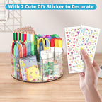 Acrylic Pen Holder with 2 Adhesive DIY Stickers, Desk Organizer Marker Holder with Cute Sticker, 360 Degree Office Supply Org