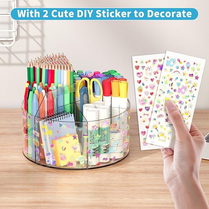 Acrylic Pen Holder with 2 Adhesive DIY Stickers, Desk Organizer Marker Holder with Cute Sticker, 360 Degree Office Supply Org