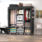 Portable Wardrobe with 10 Storage Racks and 2 Hanging Poles 6 Side Pockets Fleece Cover, Size 130 x 45 x 172 cm, Bedroom Clos
