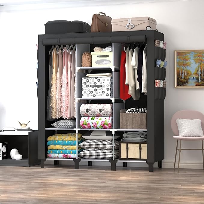 Portable Wardrobe with 10 Storage Racks and 2 Hanging Poles 6 Side Pockets Fleece Cover, Size 130 x 45 x 172 cm, Bedroom Clos