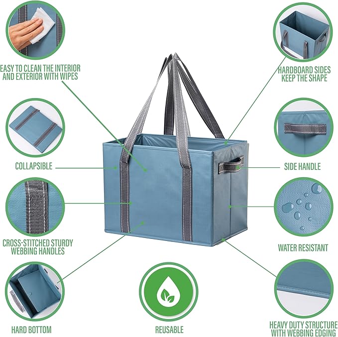 VENO 2 Pack 8 Gallon Reusable Grocery Bags, Extra Large Shopping Bags for groceries, Utility Tote with Handles and Hard Bottom, Foldable Cart Organizer, Water Resistant, Heavy-Duty (Light Blue)