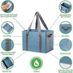 VENO 2 Pack 8 Gallon Reusable Grocery Bags, Extra Large Shopping Bags for groceries, Utility Tote with Handles and Hard Bottom, Foldable Cart Organizer, Water Resistant, Heavy-Duty (Light Blue)