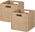 Woven Wicker Storage Baskets 2-Pack, 11x11 Handwoven Paper Rope Organizer Bins, Foldable Cube Storage Cubes with Built-in Han