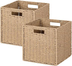 Woven Wicker Storage Baskets 2-Pack, 11x11 Handwoven Paper Rope Organizer Bins, Foldable Cube Storage Cubes with Built-in Han