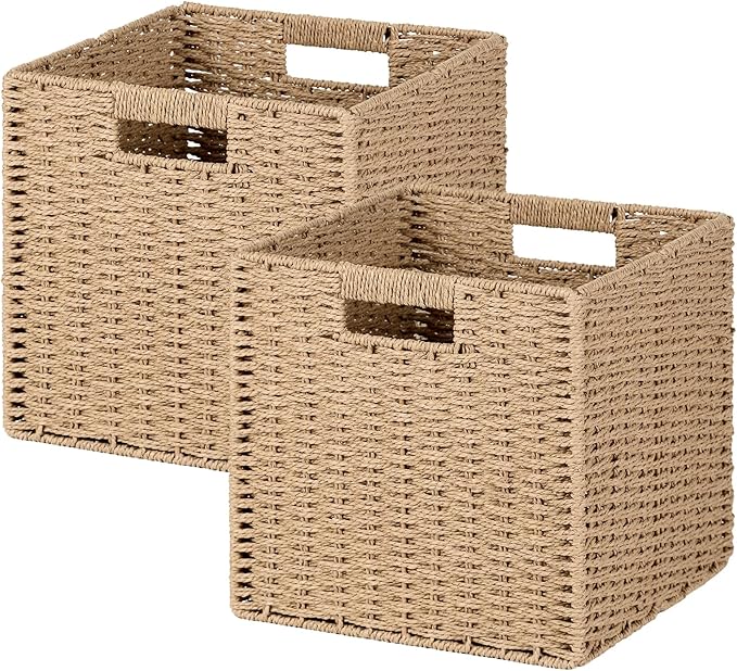 Woven Wicker Storage Baskets 2-Pack, 11x11 Handwoven Paper Rope Organizer Bins, Foldable Cube Storage Cubes with Built-in Han