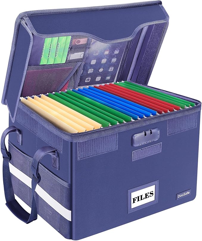 DocSafe Fireproof Document Box with Lock, File Storage Organizer with Mesh Pockets, Collapsible Portable File Box Home Office
