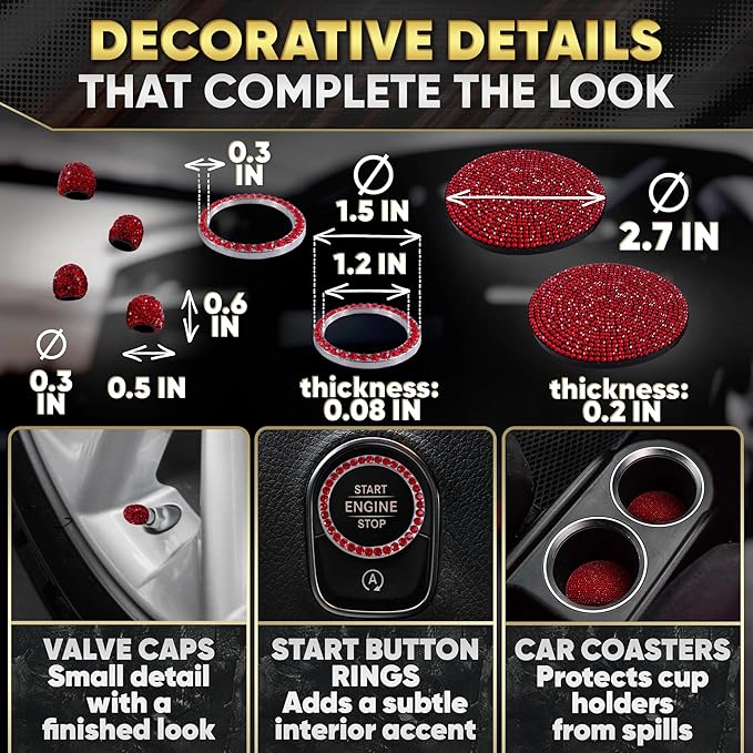 Red Bling Car Accessories Set, 27 Pieces Car Interior Set Including Steering Wheel Cover, Diamond License Plate Frame, Phone Holder, Coasters, Hooks, Great Gift for Women Drivers
