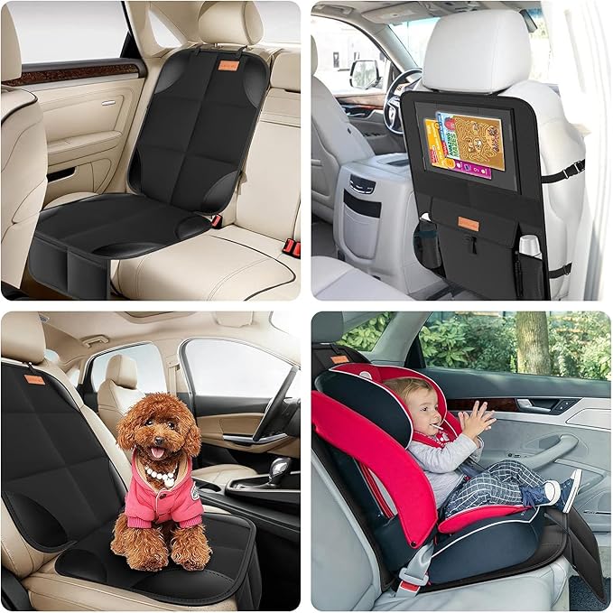 SMART ELF Non-Slip Backing Backseat Car Organizer Kick Mat with Storage Pockets, Large Waterproof Baby Car Seat Protector for Leather and Fabric (Black)