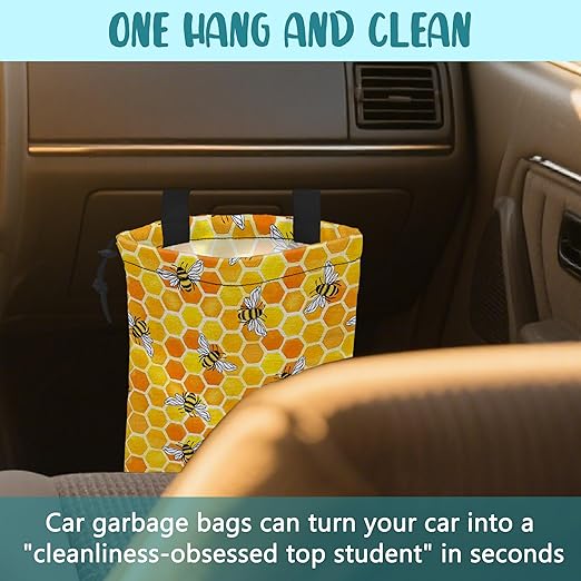 Car Trash Bag Watercolor Honeycomb and Bees Leak-Proof Waterproof Car Garbage Bag with Drawstring Foldable Canvas Trash Bin with Adjustable Buckle for Car Accessories, Travelling, Camping