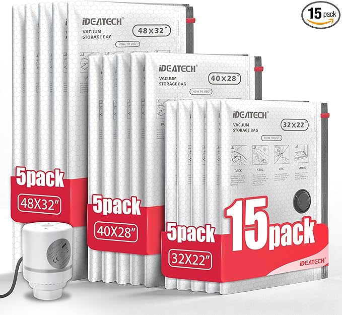 IDEATECH 15Pack Vacuum Storage Bags with Electric Pump, Jumbo Vacuum Seal Bags for Clothing, Bedding & Blanket, Heavy Duty Co