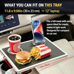 Car Food Tray & Car Table Tray with Car-Grade Aluminum Cup Holder & Phone Stand, Premium Wood with Leather Surface, 360° Rotating Car Desk for Laptop &Eating (Square, Black)