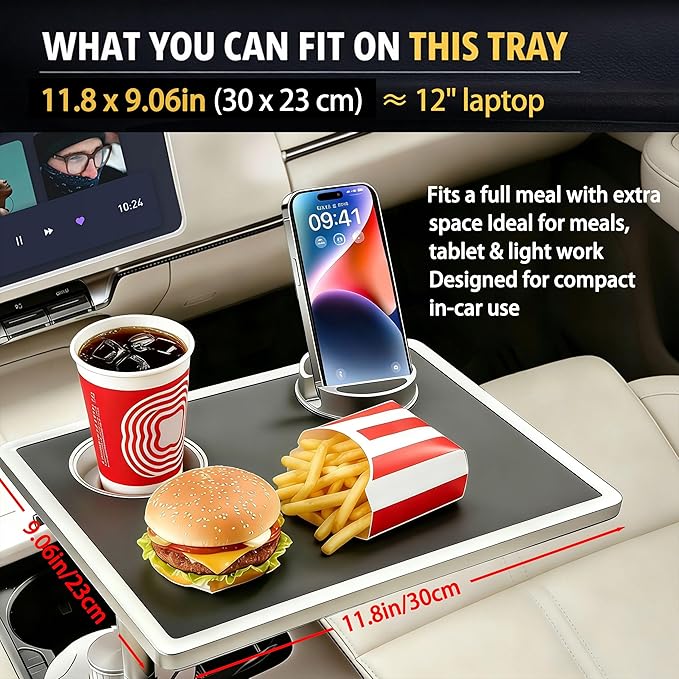 Car Food Tray & Car Table Tray with Car-Grade Aluminum Cup Holder & Phone Stand, Premium Wood with Leather Surface, 360° Rotating Car Desk for Laptop &Eating (Square, Black)