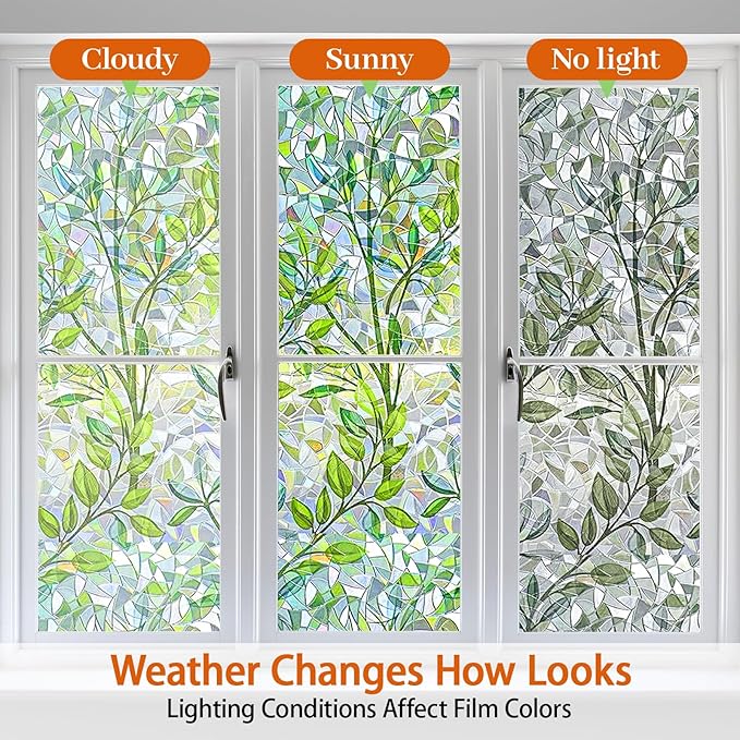 Niviy Window Privacy Film Stained Glass Window Film with Installation Tools, Rainbow Windows Decorative Decals Non-Adhesive Reusable for Home, Bathroom, Glass Door (Leaf Rainbow, 17.5 x 118 in)