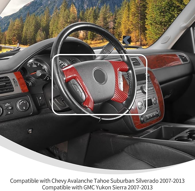 Linskip Steering Wheel Covers Compatible with Avalanche/Suburban/Tahoe/Traverse/Silverado 1500 & Yukon/Sierra 2007-2013, Steering Wheel Trim, Interior Accessories Red Carbon Fiber