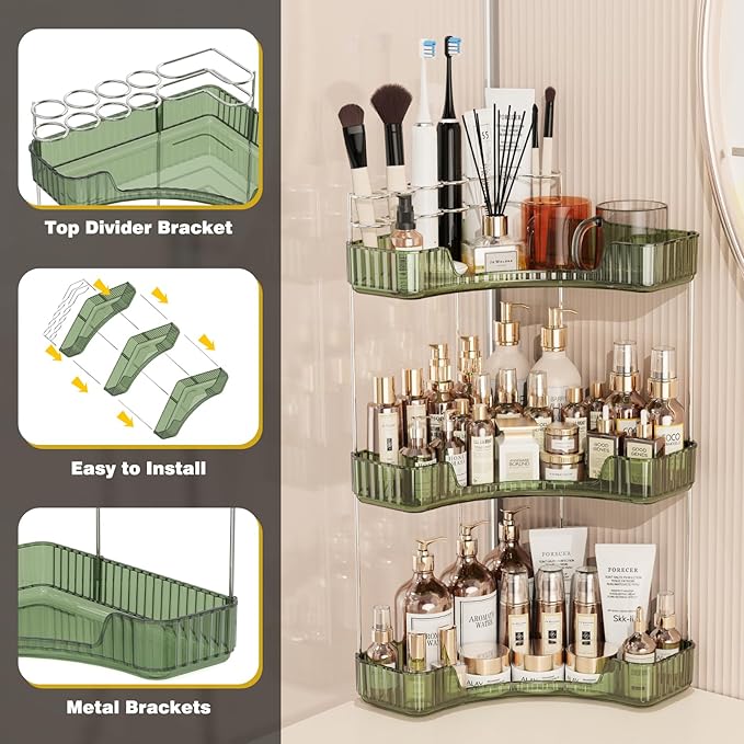 Asayuee 3-Tier Corner Bathroom Counter Organizer with Top Toothbrush Holders,Large Makeup Organizer Countertop with Brush Hol