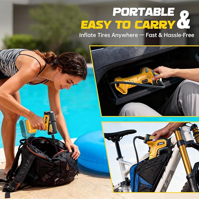 Cordless Tire Inflator Air Compressor Compatible with Dewalt 20V Battery (Tool Only), 150 PSI Portable Car Air Pump with Digital Pressure Gauge, Automatic Shut Off, LED Light