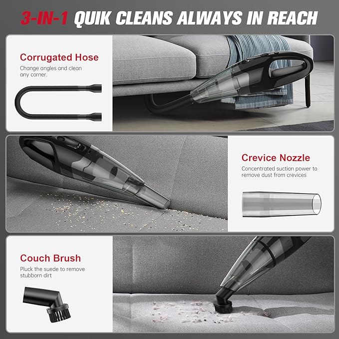 Handheld Vacuum Cordless Rechargeable 3-in-1, Car Vacuum Portable Cordless with USB Charge, Handheld Vacuum with LED Light, H