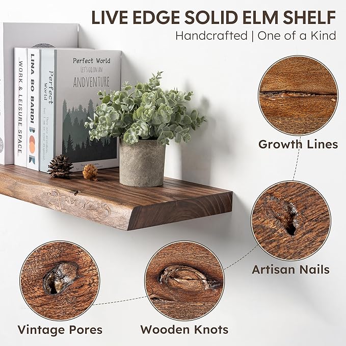 Live Edge Floating Shelf, 48 Inch Solid Elm Wood - Vintage Rustic Wood Wall Shelf with Invisible Brackets for Living Room, Ki