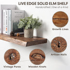Live Edge Floating Shelf, 48 Inch Solid Elm Wood - Vintage Rustic Wood Wall Shelf with Invisible Brackets for Living Room, Ki