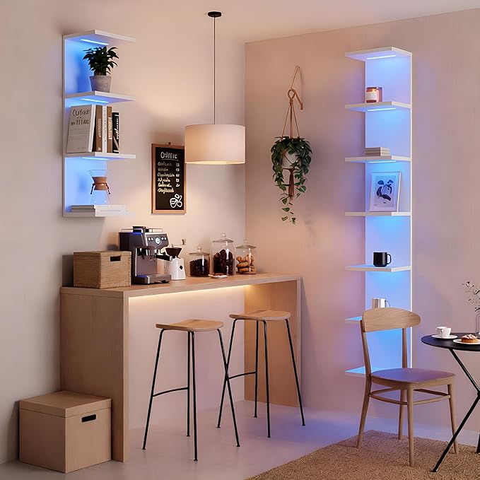 7 Tier Wall Shelf with Lights, White Lack Wall Shelf, Display Floating Shelves with Remote Control for Home Decor Bedroom Van
