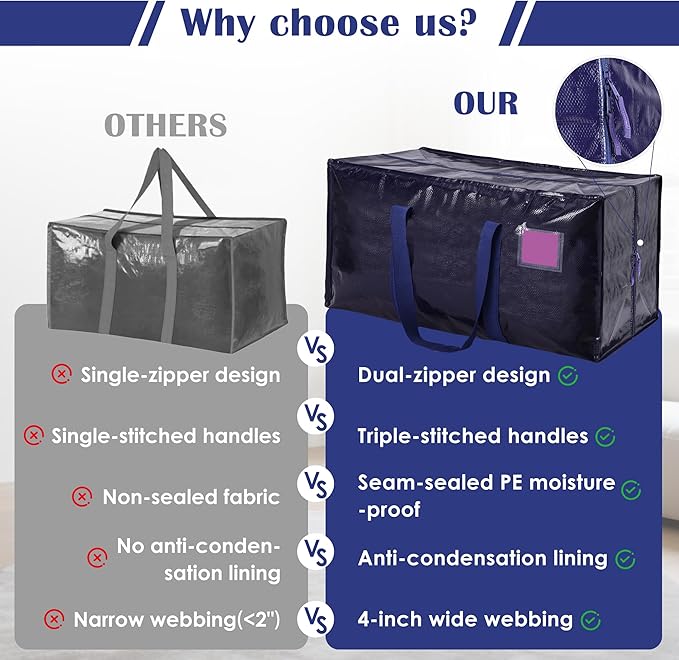 6 Pack Moving Bags with Full-Open Side Zipper, Extra Large 93L Heavy Duty Waterproof Foldable Storage Totes for College Dorm,