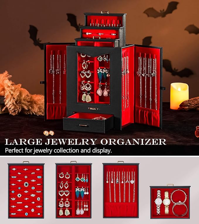 Homde Jewelry Organizer with Transparent Window Necklace Hooks Gift for Women Jewelry Box Display Case for Necklaces Rings Ea