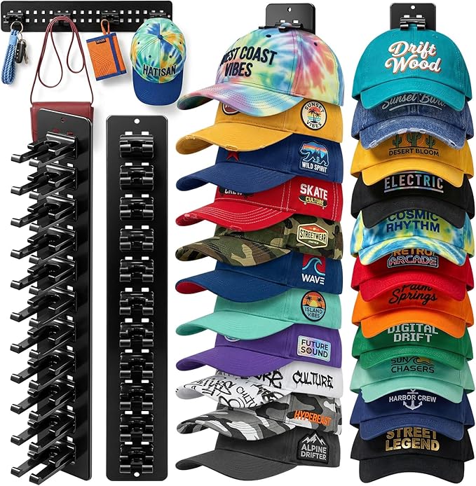 2 Pack Hat Organizer for Baseball Caps,Detachable DIY Hat Rack for Wall Hold Up to 22 Hats,Baseball Cap Organizer Cap Holder 