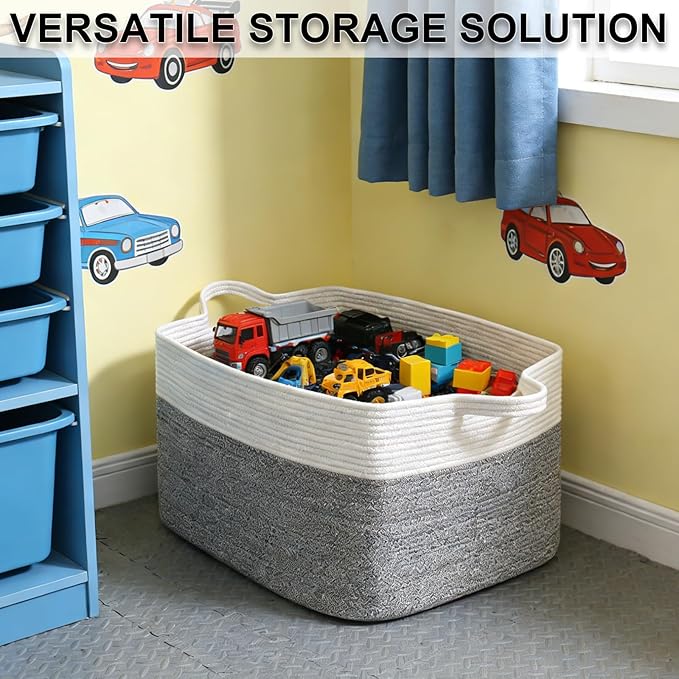 65L Large Blanket Basket,21"x16"x12" Rectangle Storage Bin with Handles,Woven Rope Laundry Basket for Toys, Clothes,Pillows,M