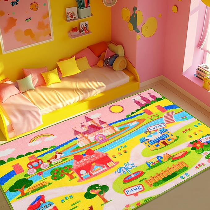 Booooom Jackson Enchanting Kids Pink Castle Rug with Cartoon Park-Flower,Shoes,Clothes,House Design-Perfect for Imaginative P