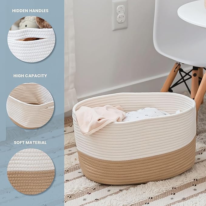 OrganiHaus Cotton Rope Basket for Shelf - Woven Storage Basket for Organizing, Closet & Toy Storage - Honey/Off-White - 15x9x