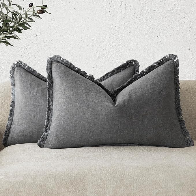 Foindtower Set of 2 Decorative Linen Fringe Throw Pillow Covers Boho Farmhouse Cushion Cover with Tassels Lumbar Accent Pillo