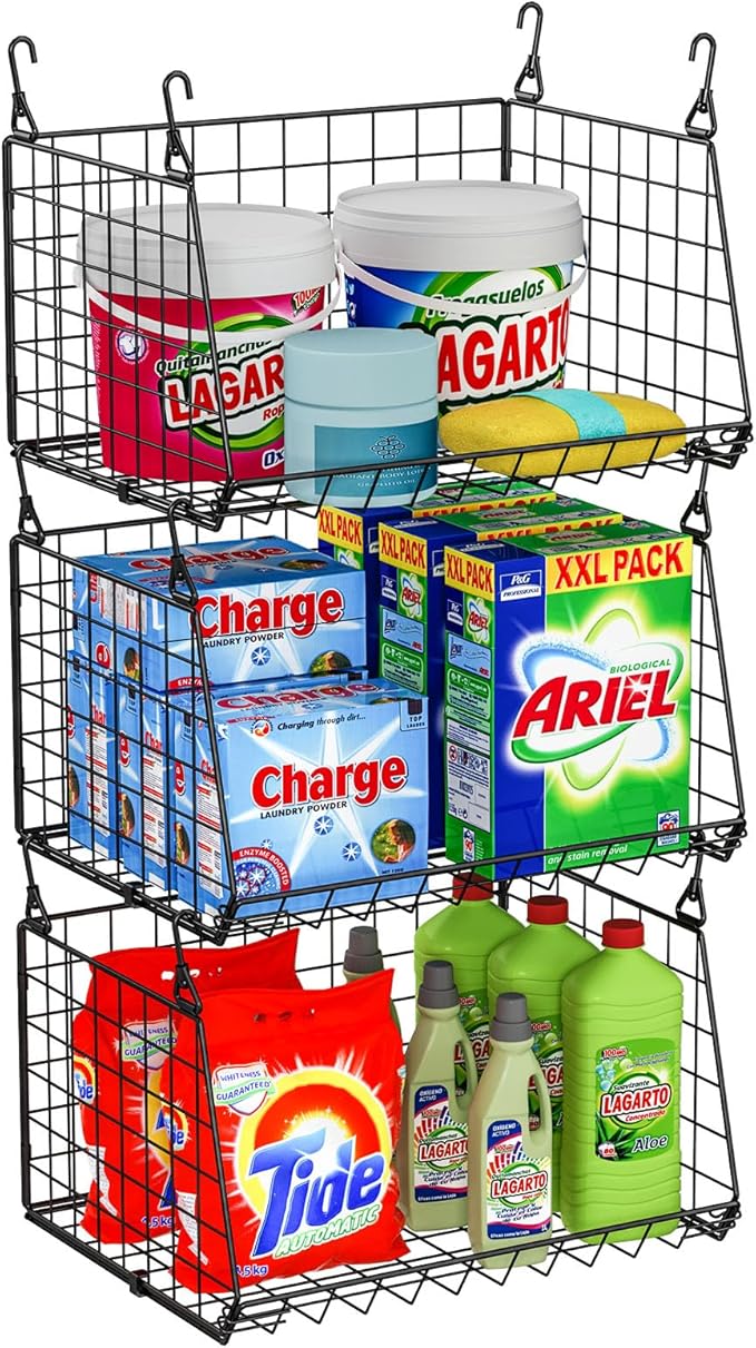 3-Pack Hanging Laundry Room Organizaton：Foldable Laundry Basket Wire Basket with 360°Rotating Hooks Small Space Organization 