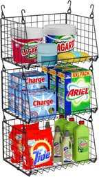 3-Pack Hanging Laundry Room Organizaton：Foldable Laundry Basket Wire Basket with 360°Rotating Hooks Small Space Organization 