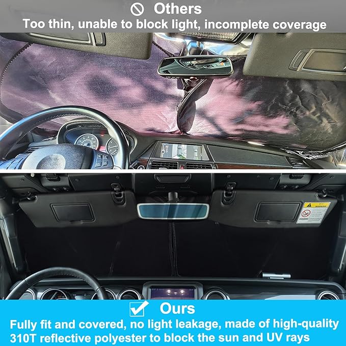 Premium Windshield Sun Shade for 2018-2026 Jeep Wrangler JL JLU & 2020-2026 Jeep Gladiator, Reflective 310T Material Front Window Sun Visor Blocks UV Rays Foldable Sunshade with Storage Pouch