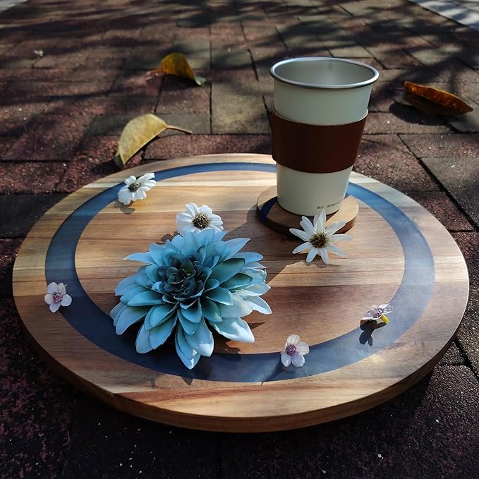 16-inch Wooden Lazy Susan Turntable Acacia Wood & Epoxy Resin Rotating Serving Tray Large Decorative Tray for Kitchen Cabinet