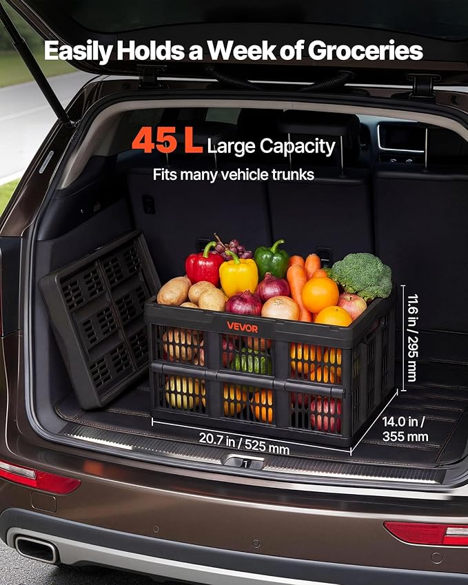 VEVOR Plastic Collapsible Storage Bins, 45L 3 Packs, Stackable Folding Storage Crates with Handles, Holds 33 lbs Per Bin, Fol