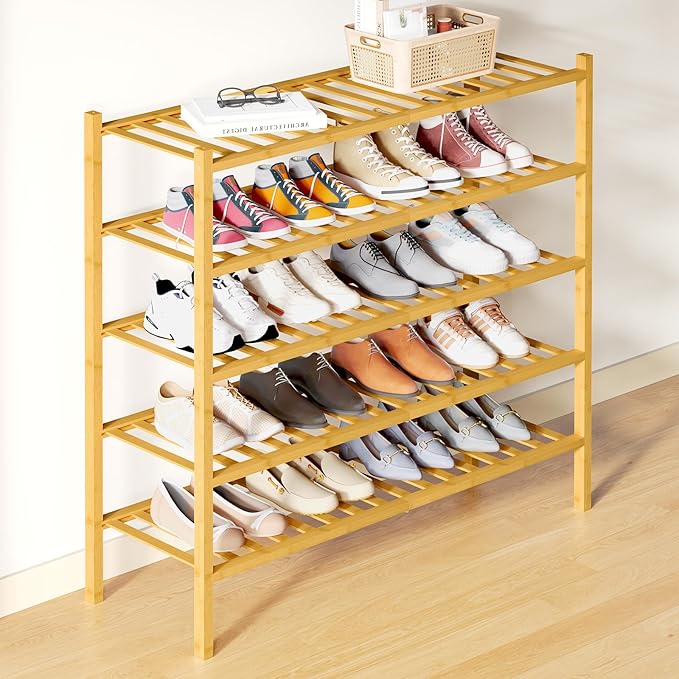 Smiry Bamboo Shoe Rack for Closet, 5 Tier Long Wooden Stackable Shoe Organizer, Free Standing Shoes Storage Shelf for Entrywa