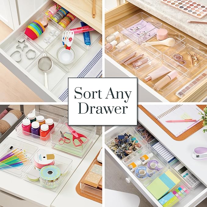 STORi SimpleSort 6-Piece Stackable Clear Drawer Organizer Set | 6" x 6" x 2" Square Trays | Small Makeup Vanity Storage Bins 