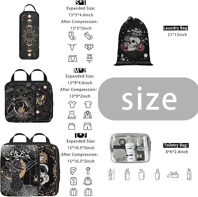 8 Pcs Compression Packing Cubes for Travel, Lightweight Waterproof Luggage Organizer Bags Set, Washable Packaging Cubes for W