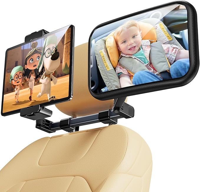 2-in-1 baby car mirror with tablet holder mounted on car headrest, showing rear-facing infant seat view
