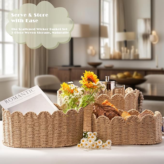 Scalloped Basket Set of 3, Wicker Storage Baskets - Hand-Woven Paper Rope Nursery Organizer for Diaper Caddy, Baby Toys & She