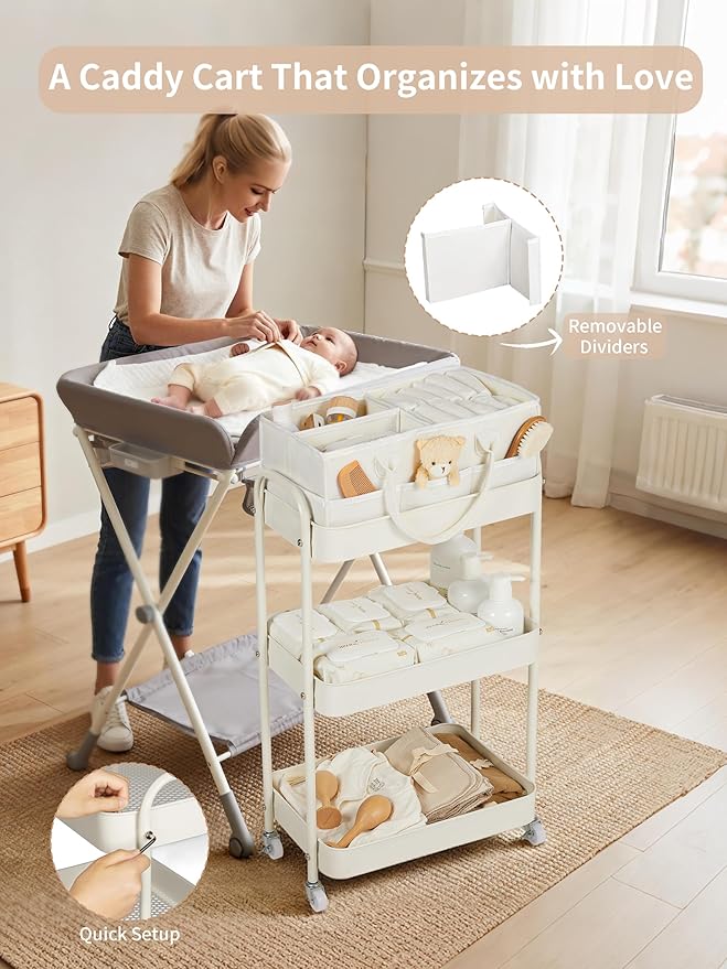 Fortella Baby Diaper Caddy, 3 Tier Rolling Storage Cart for Baby Essentials, Diaper Cart with Detachable Dividers, Storage Or