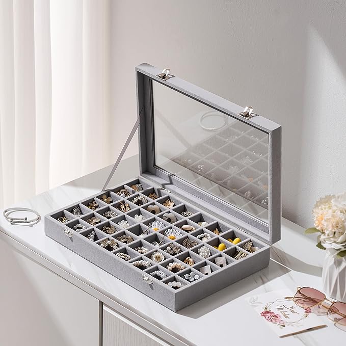 48 Grid Earring Organizer and Storage: Velvet Jewelry Tray with Lid, Jewelry Box for Studs, Earrings, Rings, Necklaces, Dress