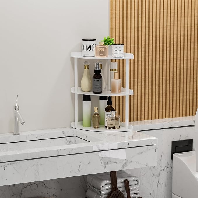 Sezanrpt 3 Tier Acrylic Corner Shelf Organizer Storage 9.5x9.5x15.7 Inch, White Countertop Corner Shelf for Bathroom, Kitchen