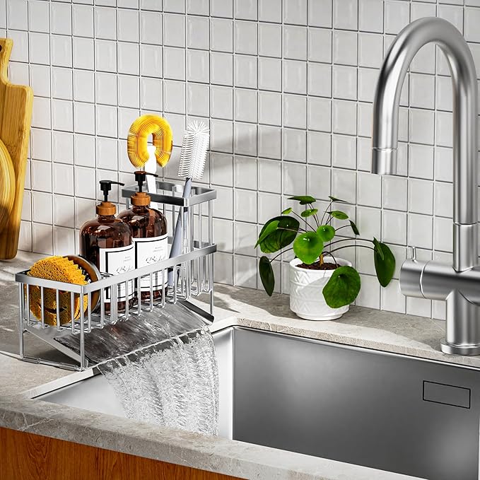 Cisily Extra Large Silver Kitchen Sink Caddy Organzier with High Brush Holder, Sponge Holder for Sink, 304 Rustproof Stainles