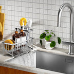Cisily Extra Large Silver Kitchen Sink Caddy Organzier with High Brush Holder, Sponge Holder for Sink, 304 Rustproof Stainles