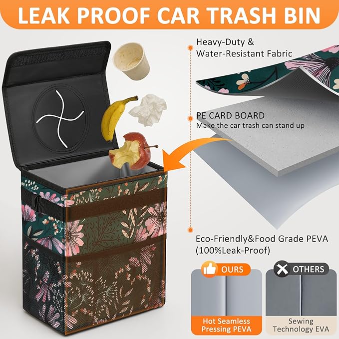 Car Trash Can for Car Cute, Bag Bin Hanging Waterproof Automotive Garbage Cans Leak Proof Vehicle Trash Can Navy Floral