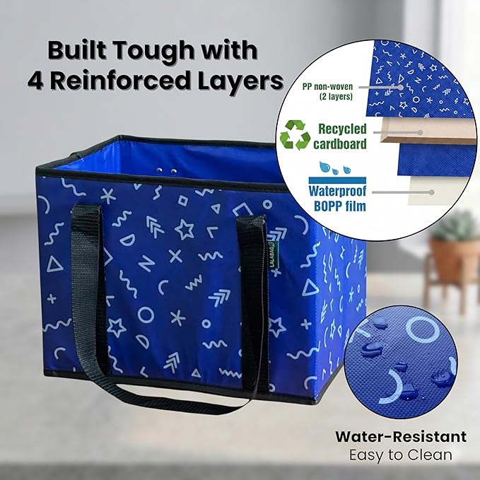 Reusable Grocery Bags (3 Pack) - Heavy Duty Foldable Tote Bags with Long Handles & Hard Bottom - Large Reusable Shopping Bags, Box-Shaped Grocery Totes Hold Up to 65 lbs, Stand Up & Fold Flat